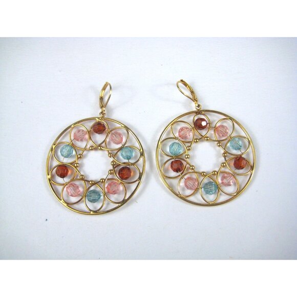 Joan Rivers Gold Tone Hoop Earrings Open Faceted Medallion China Dangle - Picture 3 of 6